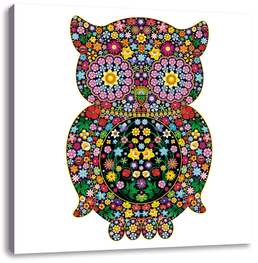 Eule aus Blumen Ornamenten, Format: 70x70 auf Leinwand, XXL riesige Bilder fertig gerahmt mit Keilra