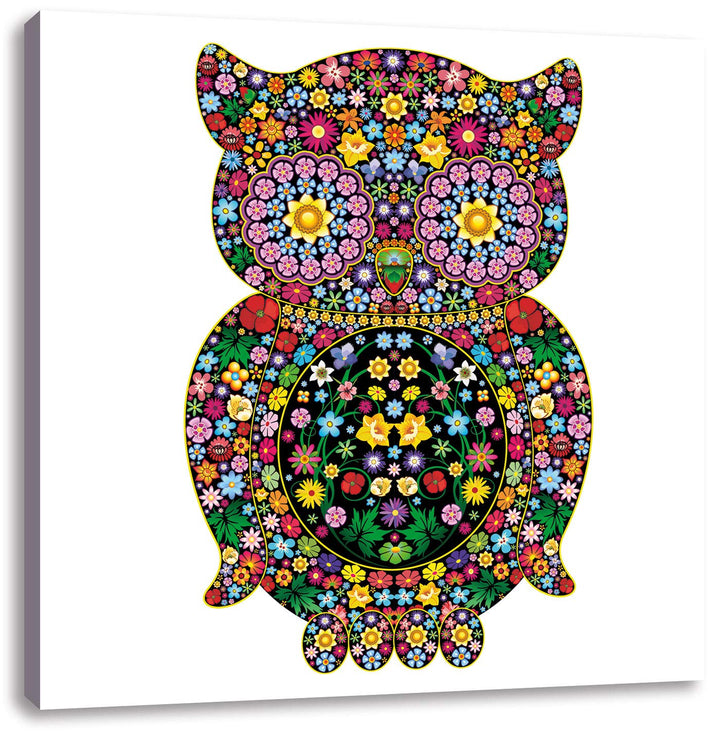 Eule aus Blumen Ornamenten, Format: 70x70 auf Leinwand, XXL riesige Bilder fertig gerahmt mit Keilra