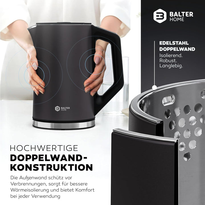 BALTER Edelstahl Wasserkocher mit Temperatureinstellung, 40°C-100°C, Doppelwand, BPA frei, leise & k