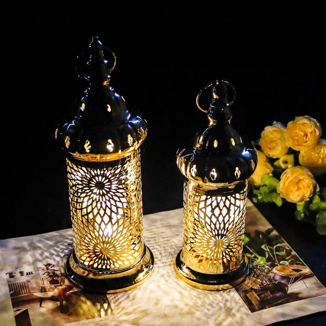 TRIROCKS Ramadan Laternen, 2er-Set 32 cm & 25 cm grosse goldene elektrische Kerzenhalter mit Timer,