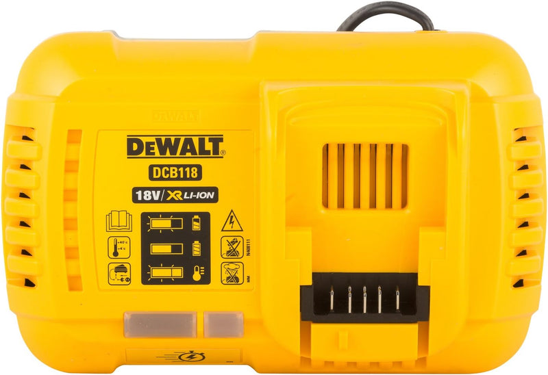 Dewalt System-Schnellladegerät DCB118 (für alle 18V & 54V XR Akkus, 2-Stufen Ladeprozess, LED-Anzeig