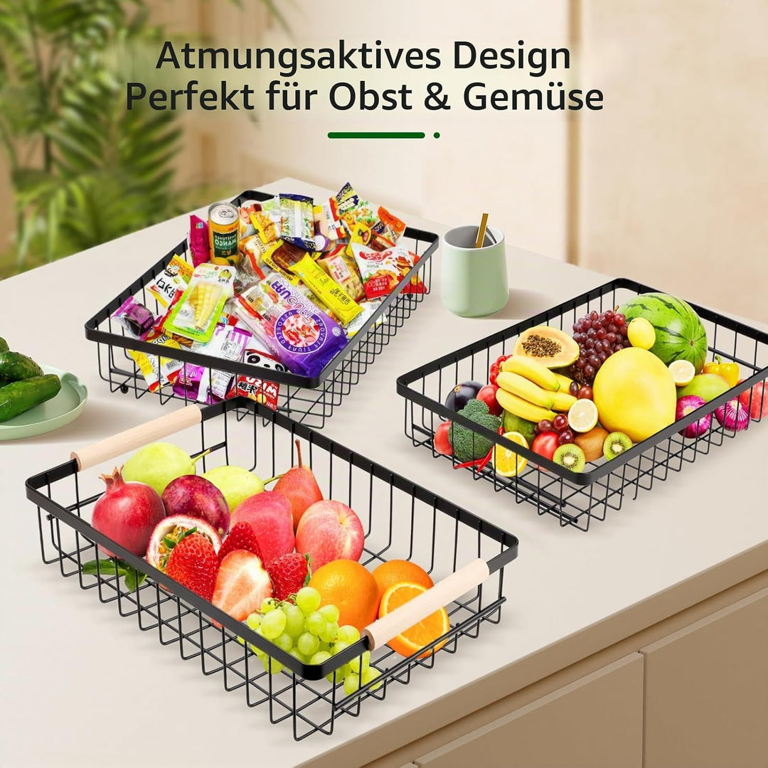 VINATO Obstschale, 3-stöckige Moderner Obstkorb mit Holzgriffen, für Küche, Bad &amp; Mehr – Ideal für O