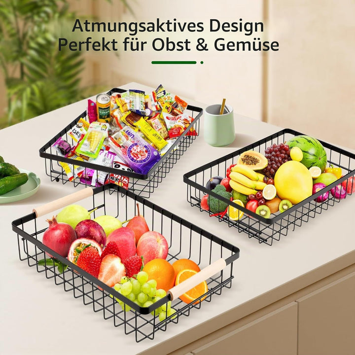 VINATO Obstschale, 3-stöckige Moderner Obstkorb mit Holzgriffen, für Küche, Bad &amp; Mehr – Ideal für O