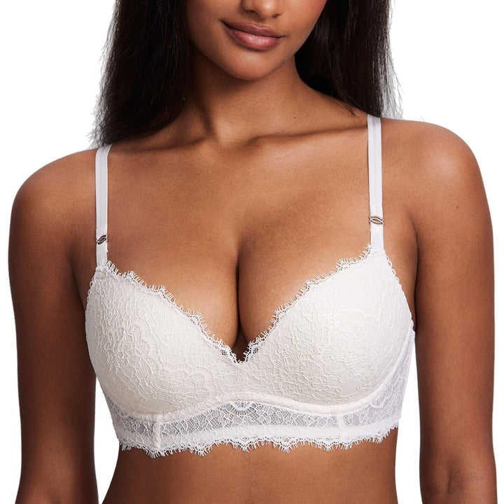 DOBREVA Damen Push Up BH ohne Bügel Soft Spitze Bügelloser BHS Sexy Bequem Gepolstert 75D Kokosnuss