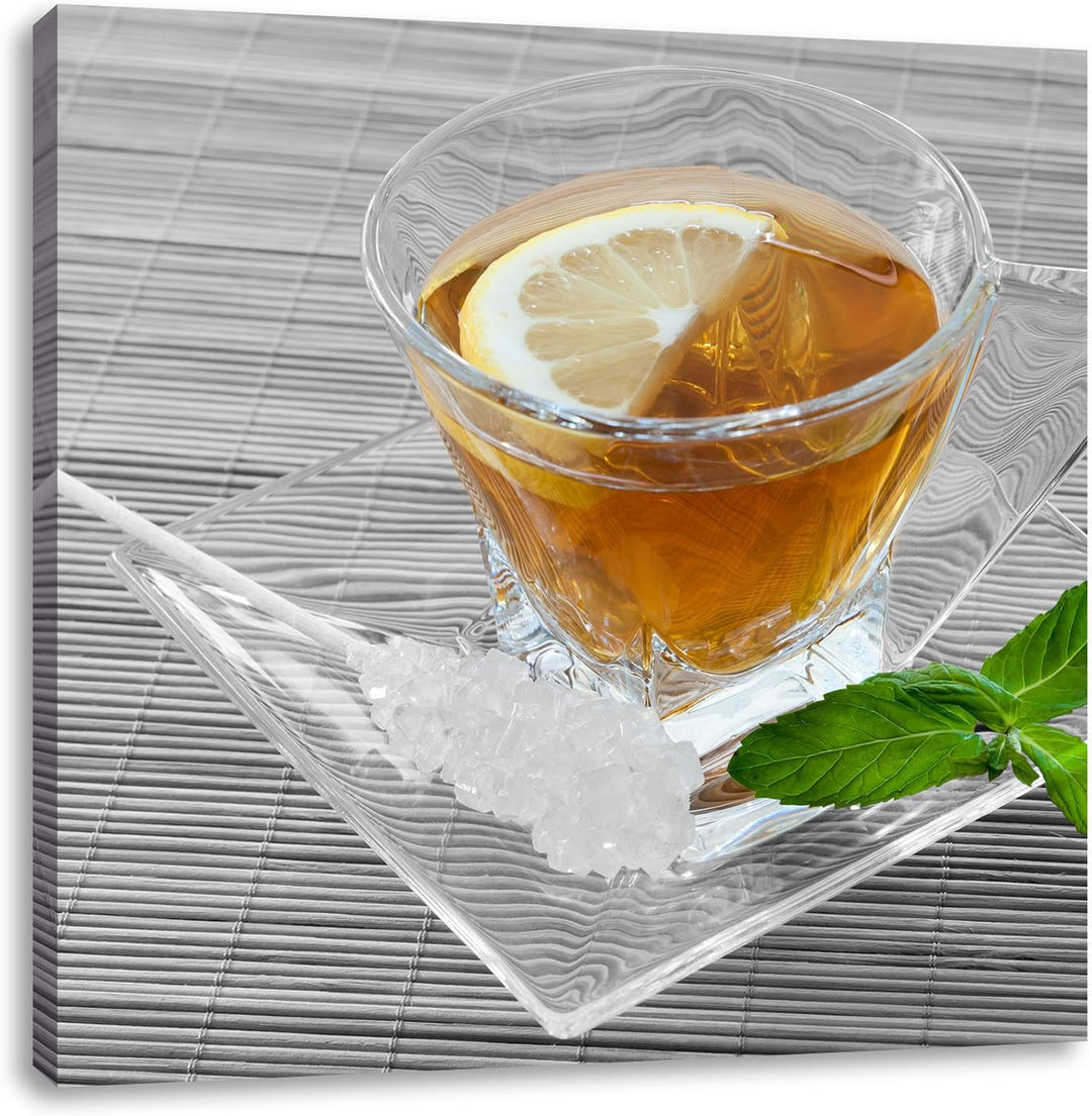 Pixxprint Tasse Tee mit Minze als Leinwandbild/Grösse: 70x70 cm/Wandbild/Kunstdruck/fertig bespannt,
