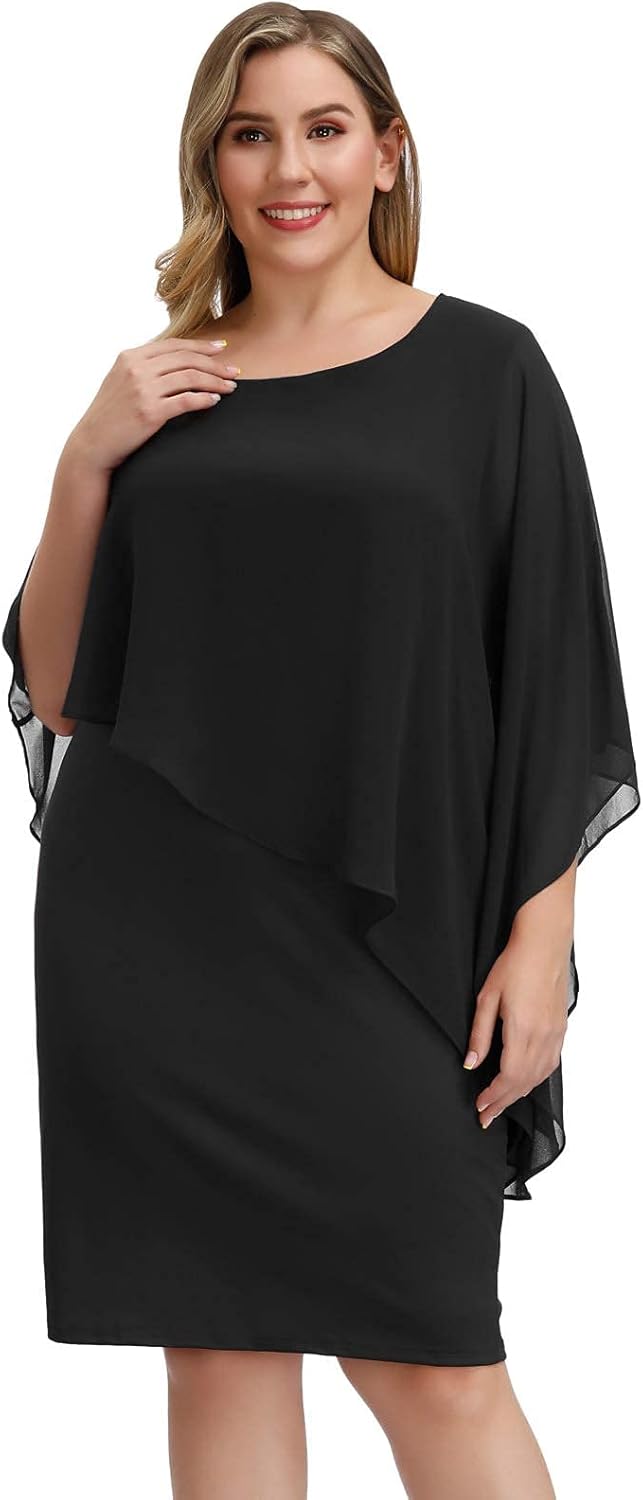 Hanna Nikole Damen Grosse Grösse Chiffon Cape Cocktailkleid Knielang Abendkleid mit Overlay M Schwar