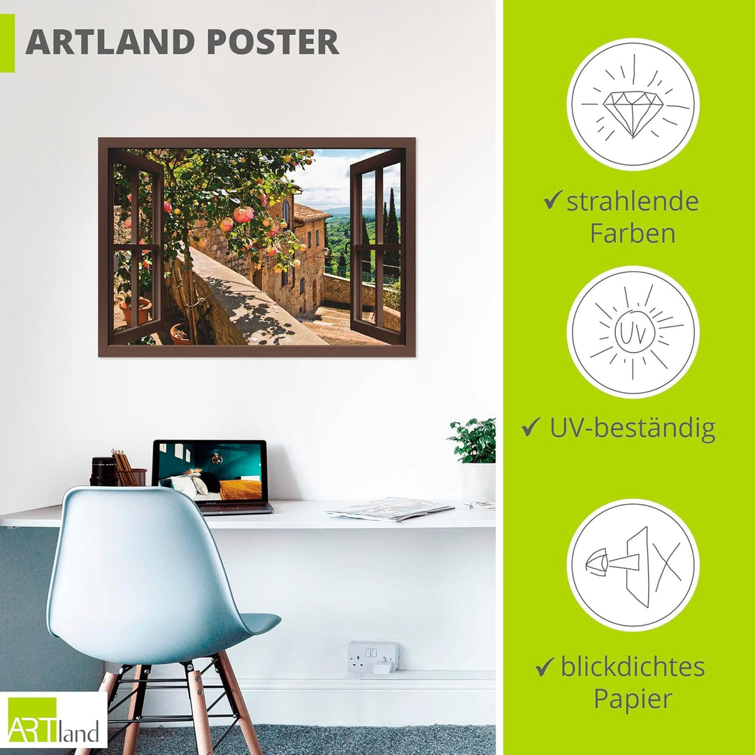 ARTland Poster Kunstdruck Wandposter Bild ohne Rahmen 100x70 cm Fensterblick Fenster Toskana Landsch