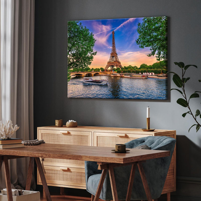 PICANOVA – Leinwandbild 80x60cm Eiffelturm Paris – Leinwanddruck – Wandbild Kunstdruck Auf 2cm Holz-