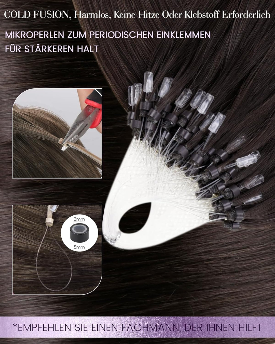 LaaVoo 40cm Microring Extensions Echthaar Braun Unsichtbar Extensions Echthaar Micro Loop 1g/s Dunke