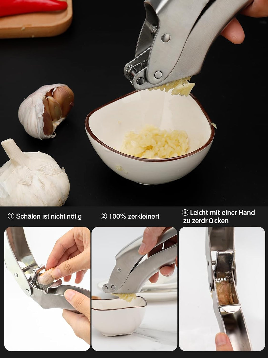 SimCoker Premium Knoblauchpresse, 304 Edelstahl, Kein Schälen Nötig, Spülmaschinenfest, Garlic Press