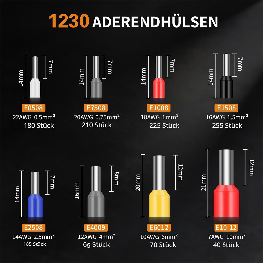 Aderendhülsenzange mit 1230 Stück Aderendhülsen Set für 0,25-10mm² | Crimpzange Selbsteinstellend