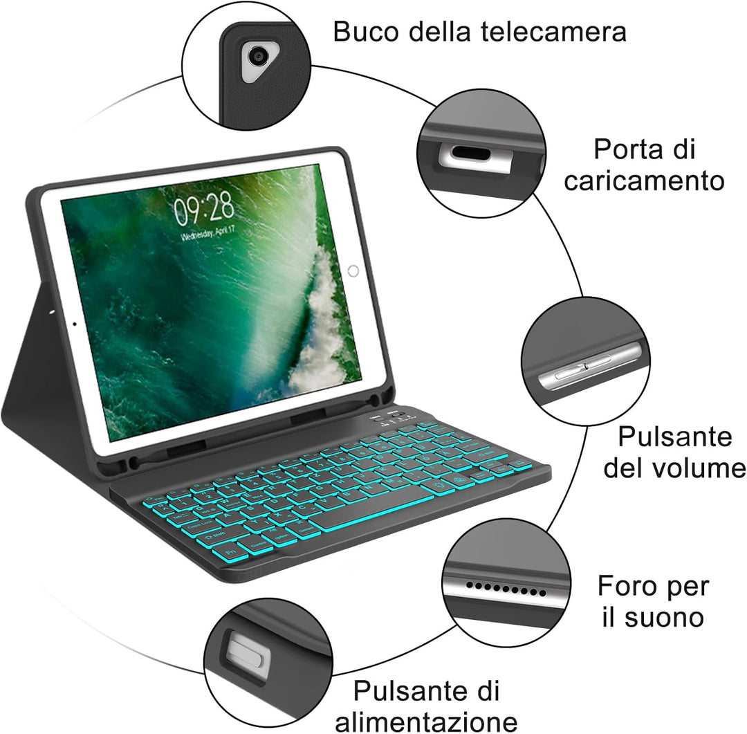 Hülle mit Tastatur für iPad 6. Generation 9.7 Zoll, 7-Farbige Beleuchtung, Magnetisch Abnehmbarer QW