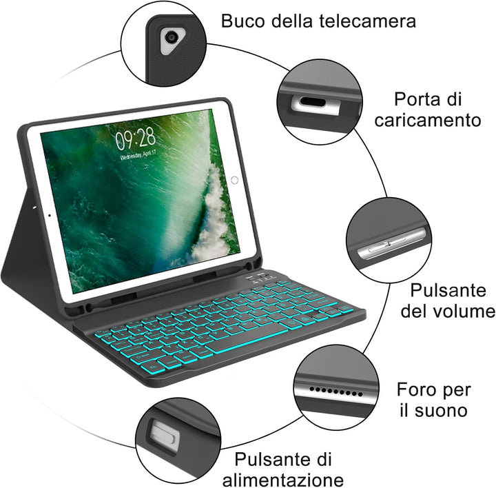 Hülle mit Tastatur für iPad 6. Generation 9.7 Zoll, 7-Farbige Beleuchtung, Magnetisch Abnehmbarer QW