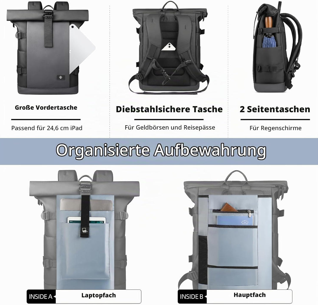 hk Rolltop Rucksack Herren Damen 15,6 Zoll Laptop Rucksack | Wasserdicht Gross Reiserucksack, Diebst