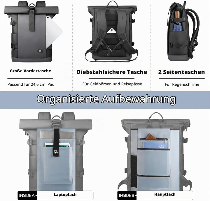 hk Rolltop Rucksack Herren Damen 15,6 Zoll Laptop Rucksack | Wasserdicht Gross Reiserucksack, Diebst