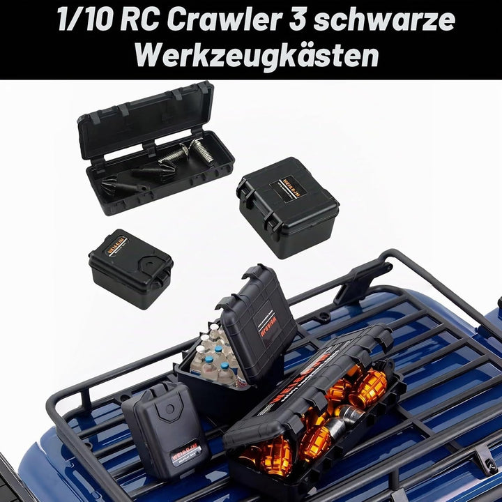RC Crawler Zubehör, 1/10 Truck Dachträger Rc Zubehör Set 8 in 1 Tankaufbewahrungsbox, Gepäcknetz, Sc
