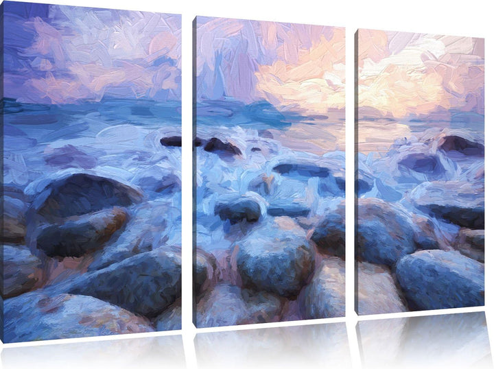 Pixxprint Romantisches Meer Pinsel Effekt 3-Teiler Leinwandbild 120x80 Bild auf Leinwand