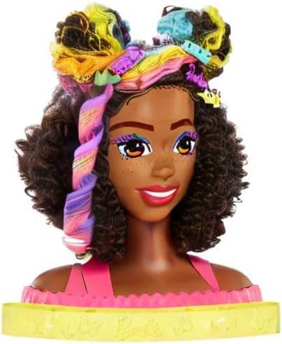 Barbie HMD79 - Barbie-Puppe Deluxe Styling-Kopf, Barbie Totally Hair, lockige braune Neon-Regenbogen