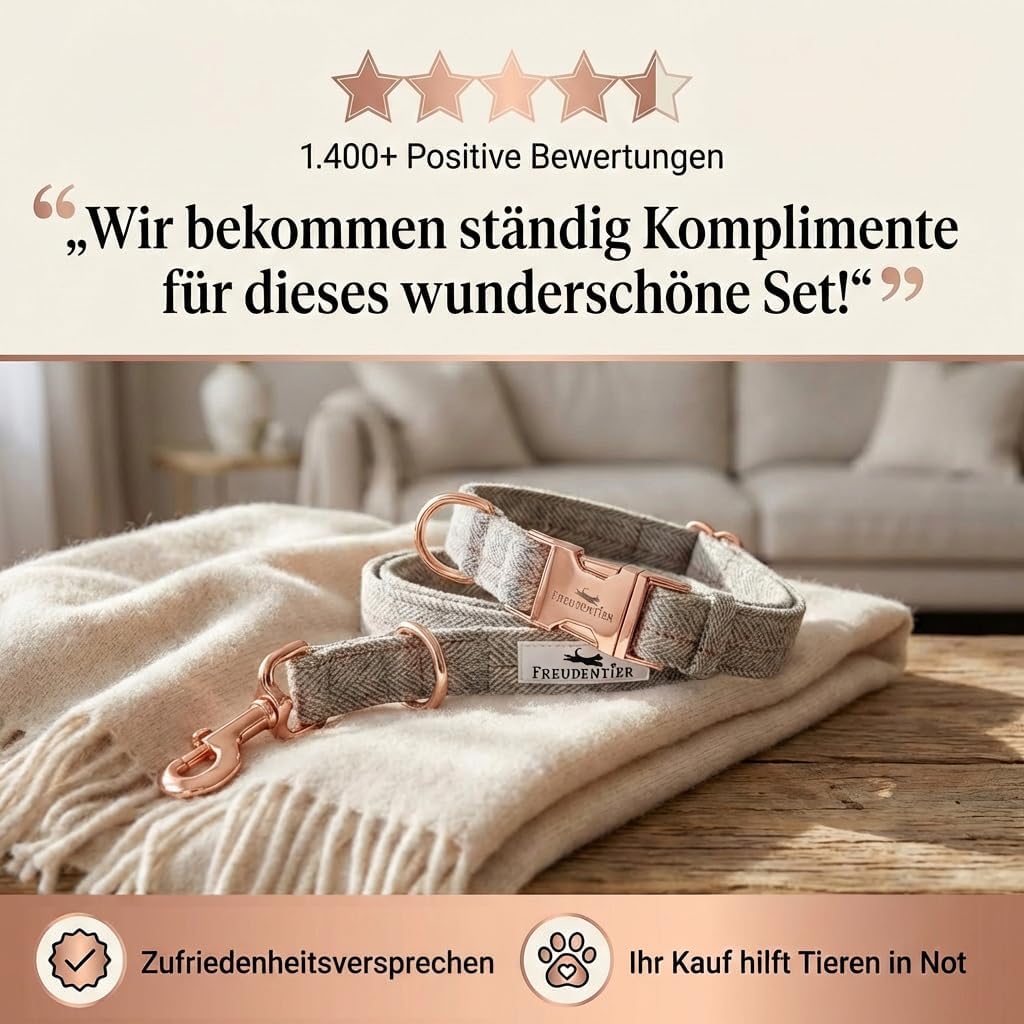 FREUDENTIER® Hundehalsband und Hundeleine im eleganten Set - 2m Leine, 3-Fach verstellbar - Robust &amp;