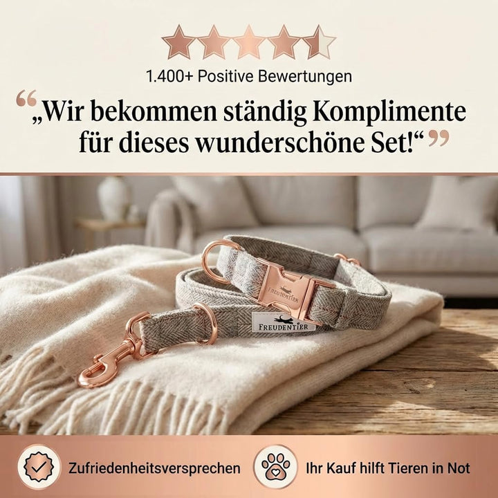FREUDENTIER® Hundehalsband und Hundeleine im eleganten Set - 2m Leine, 3-Fach verstellbar - Robust &amp;