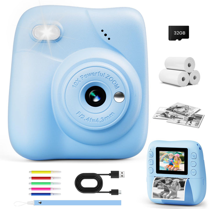 CAMCLID Kinderkamera Sofortbildkamera, 1080P Sofortbildkamera Kinder mit 32GB Karte & 3 Rollen Druck