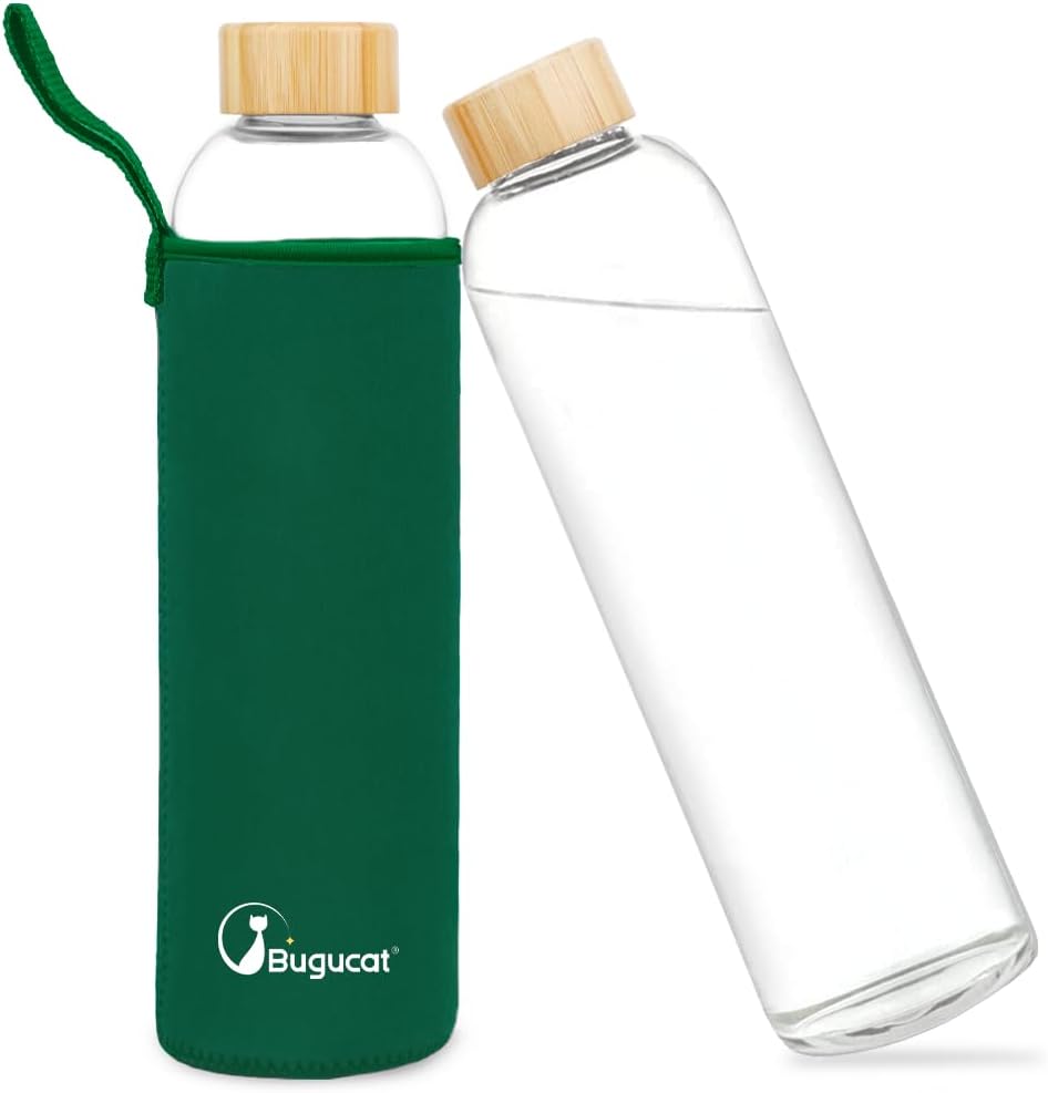 Bugucat Glasflasche 1000 ML, Trinkflasche aus Glas mit Bambusdeckel und Schutzhülle，Wasserflasche Au