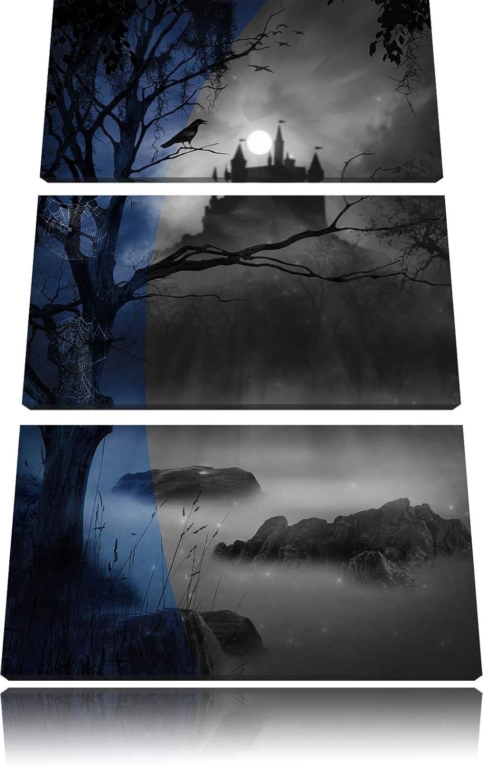 Düsterer Wald mit Burg bei Nacht schwarz/weiss 3-Teiler Leinwandbild 120x80 Bild auf Leinwand, XXL r
