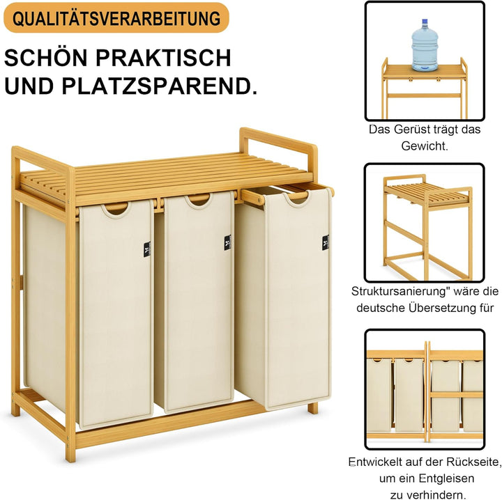 AdelDream Wäschekorb 150L, 3 Fächer Wäschesammler mit Ablage, Bambusrahmen | Wäschesortierer mit 3 x