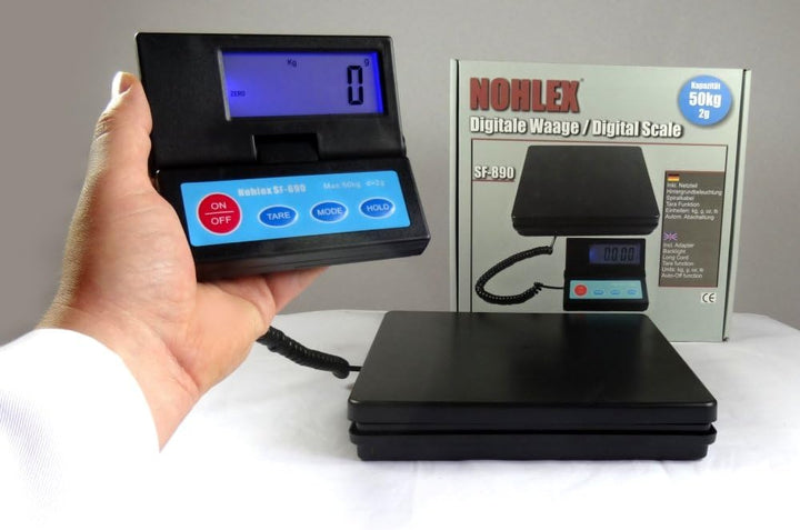 Nohlex Paketwaage 50kg/2g. Robuste Plattformwaage/Briefwaage inkl. Netzteil. Abnehmbares beleuchtete