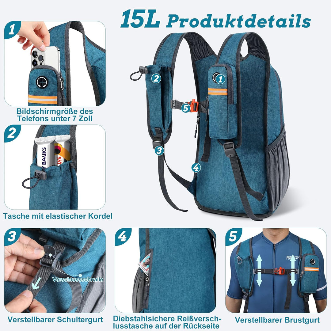 15L Wanderrucksack Herren Kleiner Rucksack Damen Leichter Daypack Tagesrucksack Faltbarer Trekkingru