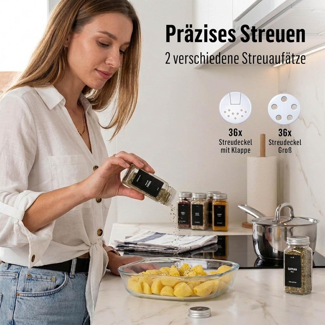 Deco haus® Gewürzgläser Eckig mit Gewürzetiketten Gewürzgläser mit Streueinsatz 36er Set - Gewürzdos