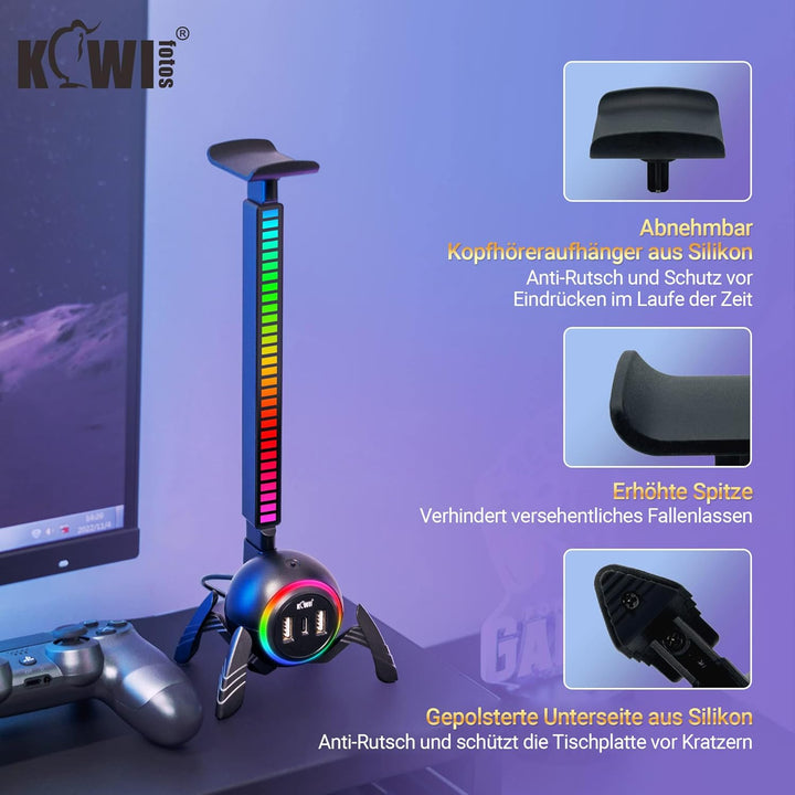 KIWIFOTOS Headset-Ständer mit USB-Hub, RGB-Kopfhörerständer mit Spinnen-Design, rutschfeste Untersei