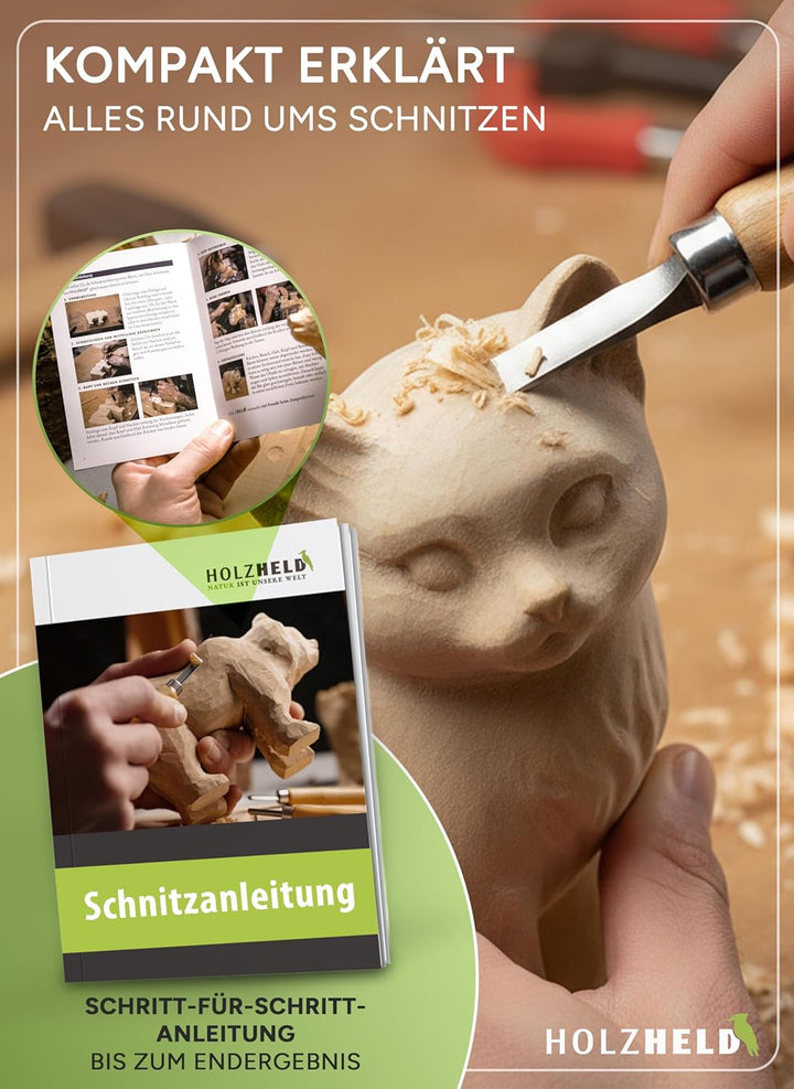 HOLZHELD Holzschnitzwerkzeug Set (14-teilig) mit Anleitung für 1 Schnitzprojekt - 12 Schnitzmesser a