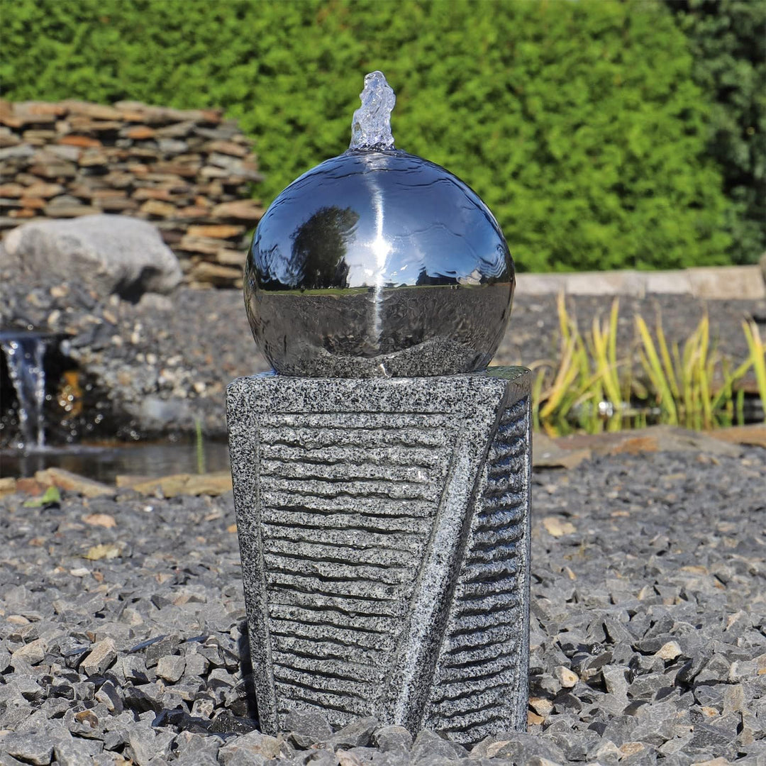 Granit Springbrunnen SB17-2 mit Säule und Edelstahl Kugel Gartenbrunnen Set Stein mit LED Beleuchtun