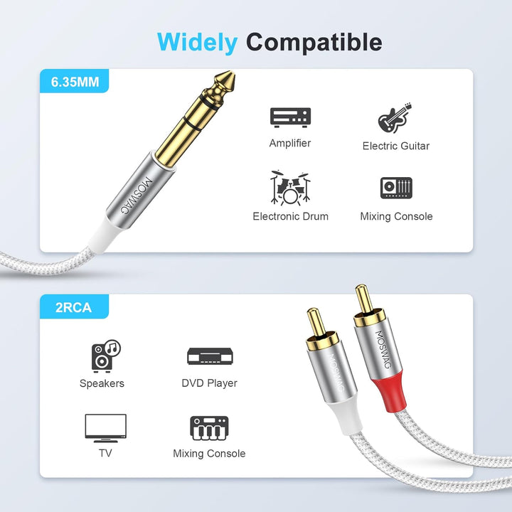 MOSWAG 6.3mm Stereo Klinke auf Cinch Kabel 5M Vitalco 2x Male Cinch Stecker zu Stereo Grosse Klinke