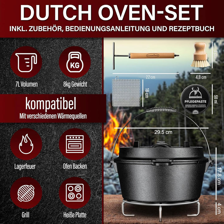 Dutch Oven Set–Eingebrannter Dutch Oven 7L [3-6 Person]–Feuertopf Gusseisen ohne Füsse–Schmortopf Do