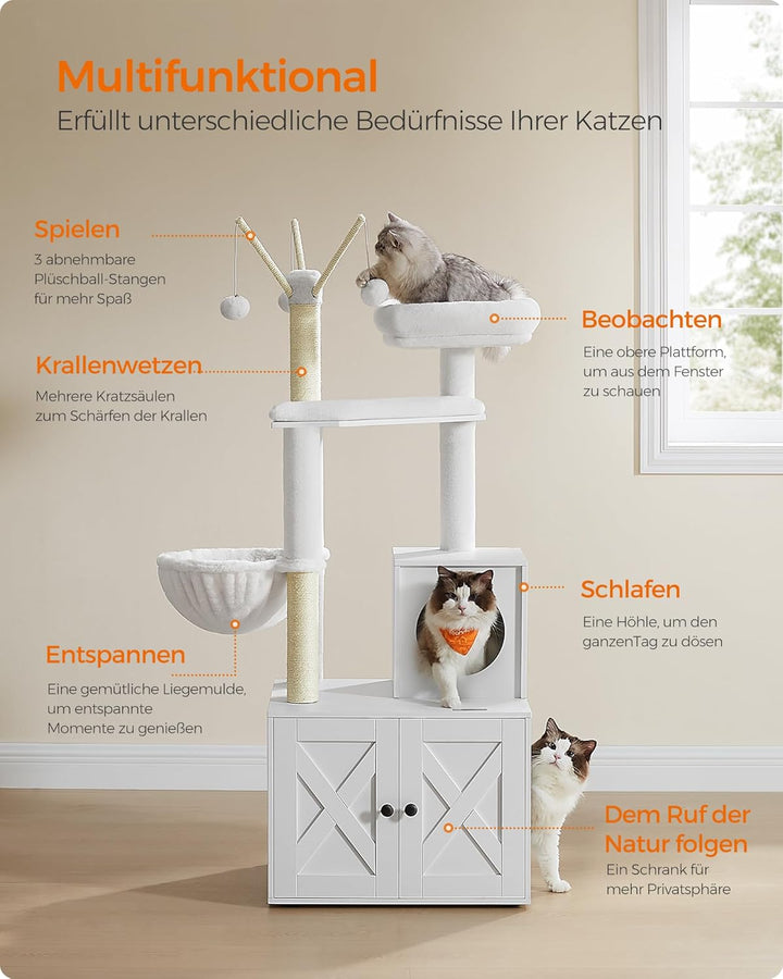 Feandrea Kratzbaum mit Katzenklo-Schrank, 150 cm hoch, 2-in-1 Katzenbaum, Schrank für Katzentoilette
