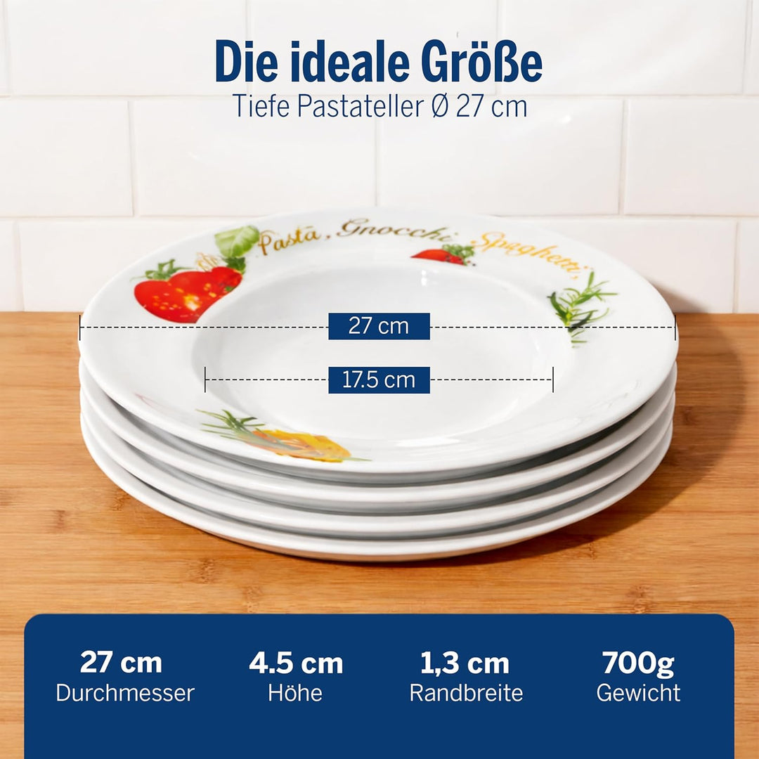 Van Well 6er Pasta-Teller-Set Milano mit Aufdruck I Ø 27 cm Porzellan-Teller I tiefe Nudelteller I S