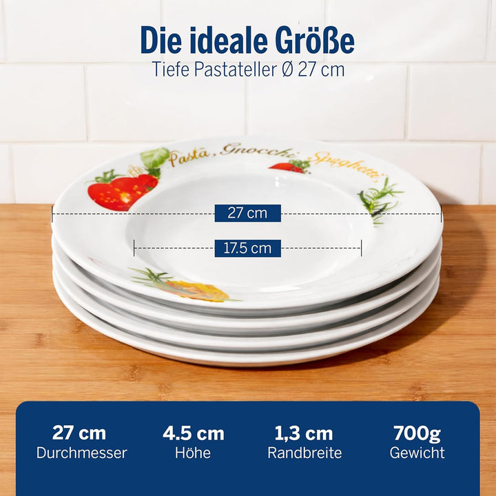Van Well 6er Pasta-Teller-Set Milano mit Aufdruck I Ø 27 cm Porzellan-Teller I tiefe Nudelteller I S