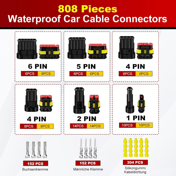KFZ Stecker Set, 808Pcs KFZ Steckverbinder, Wasserdichte Stecker 1/2/3/4/5/5/6 Polig, Superseal Stec