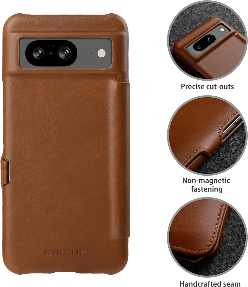 STILGUT Book Case kompatibel mit Google Pixel 8 Hülle aus Leder mit Clip-Verschluss, Lederhülle, Kla
