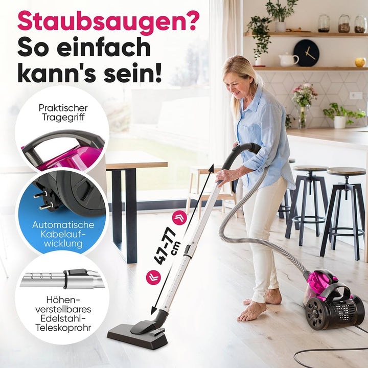 Proficare, Bodenstaubsauger ohne Beutel, 700 W, Rosa, PC-BS3134-Pink, HEPA-Filtration, Teleskoprohr,