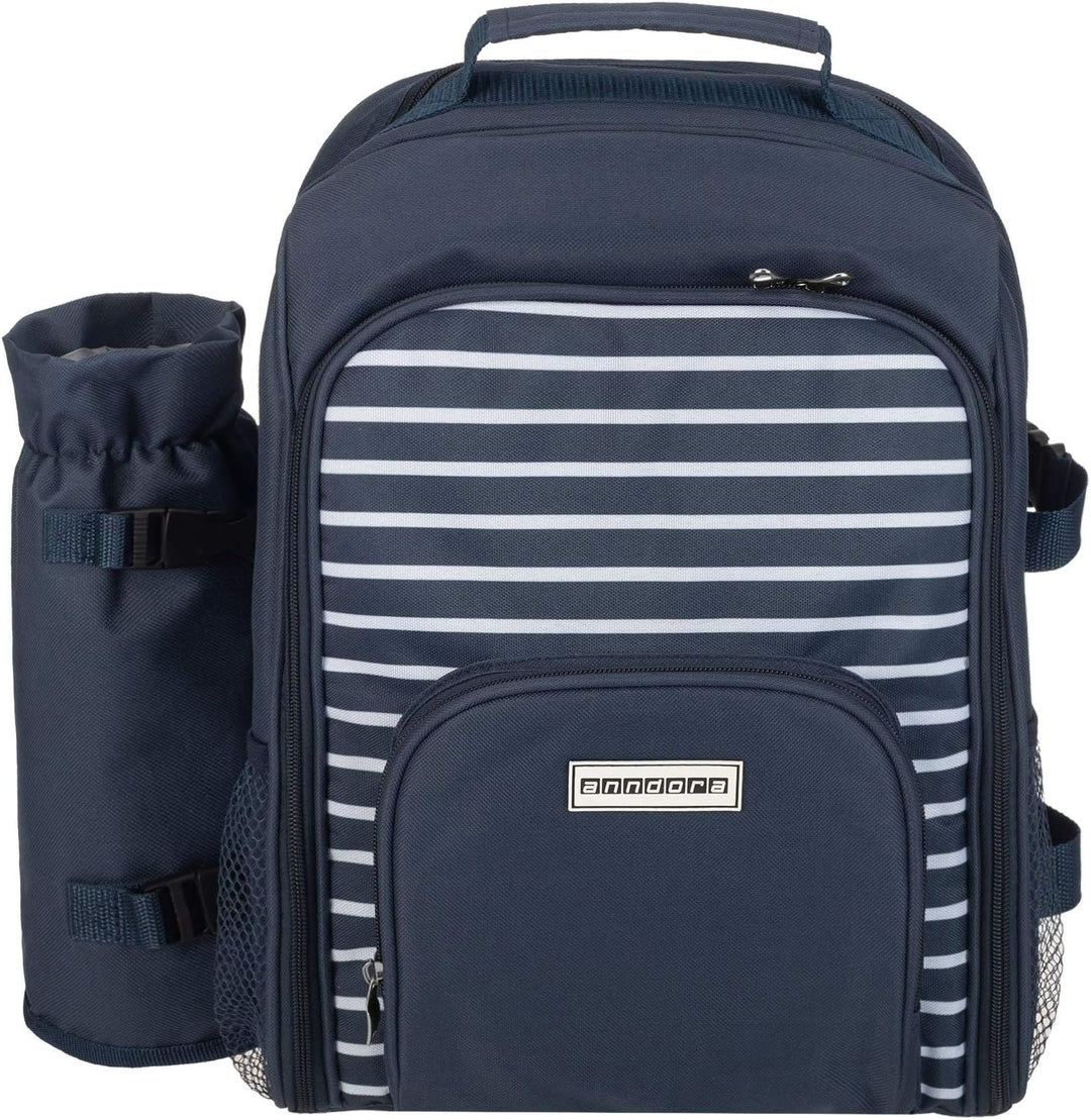 anndora Picknickrucksack mit Kühlfach blau weiss gestreift + Zubehör 15 teilig - 2 Personen Navy Bla