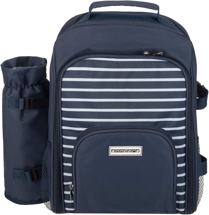 anndora Picknickrucksack mit Kühlfach blau weiss gestreift + Zubehör 15 teilig - 2 Personen Navy Bla