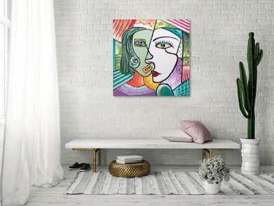 KunstLoft Leinwandbild | 100% HANDGEMALT | 80x80cm | Gemälde 'Perfect Completement' | Gesicht | Bunt