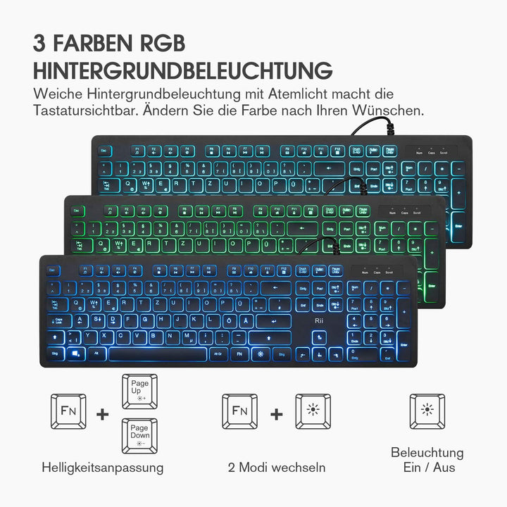 Rii Gaming Tastatur und Maus Set mit Kabel, 3 LED Hintergrundbeleuchtung QWERTZ (DE-Layout), Kabelge