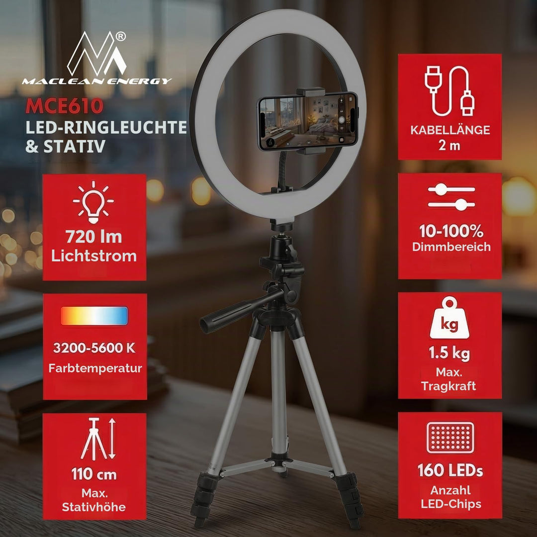 Maclean MCE610 10" 12W LED Ringlicht mit Stativständer und Bluetooth-Auslöser 3 Farben 10 Helligkeit