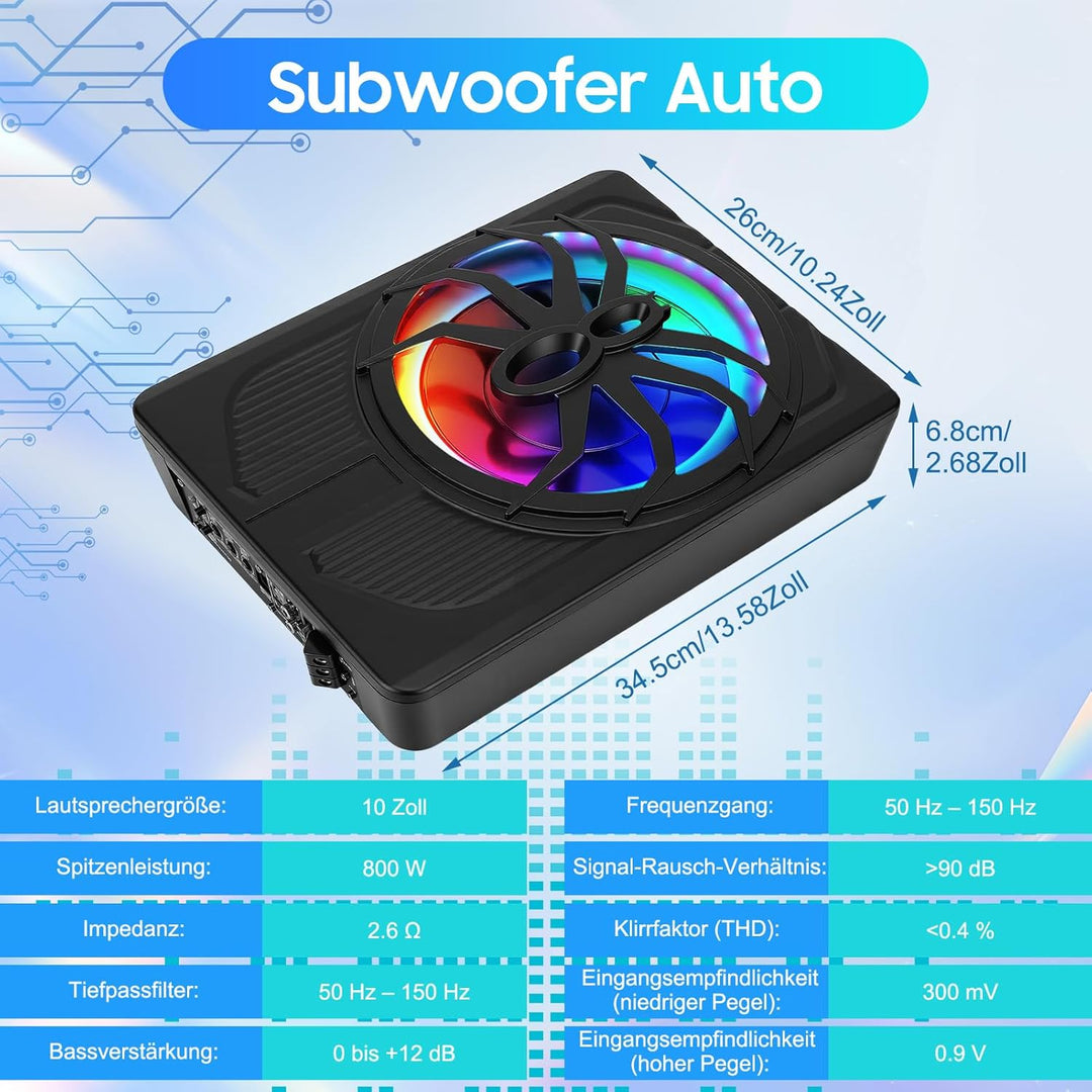 VINGVO Subwoofer Auto,10Zoll 800W Aktiv Subwoofer Für Auto,2.6 Ohm Ultra Flach Untersitz Subwoofer A