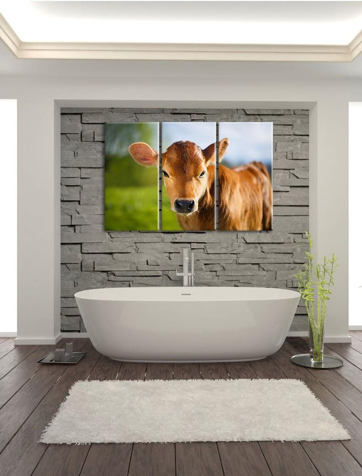 Pixxprint Junge Kuh Kälbchen als Leinwandbild - Grösse: 3-Teilig (120x80cm) - Wandbild - Kunstdruck