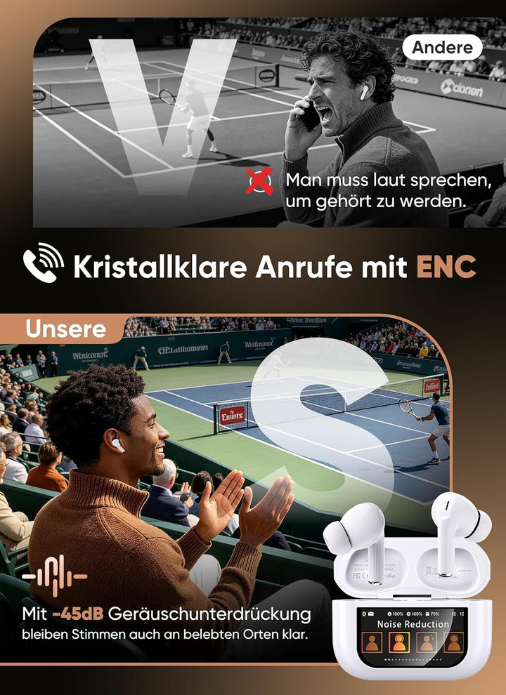 ZZU Kopfhörer Kabellose Bluetooth mit Smart Touchscreen, 48 Std. Laufzeit, Bluetooth 5.4 In-Ear Ohrh